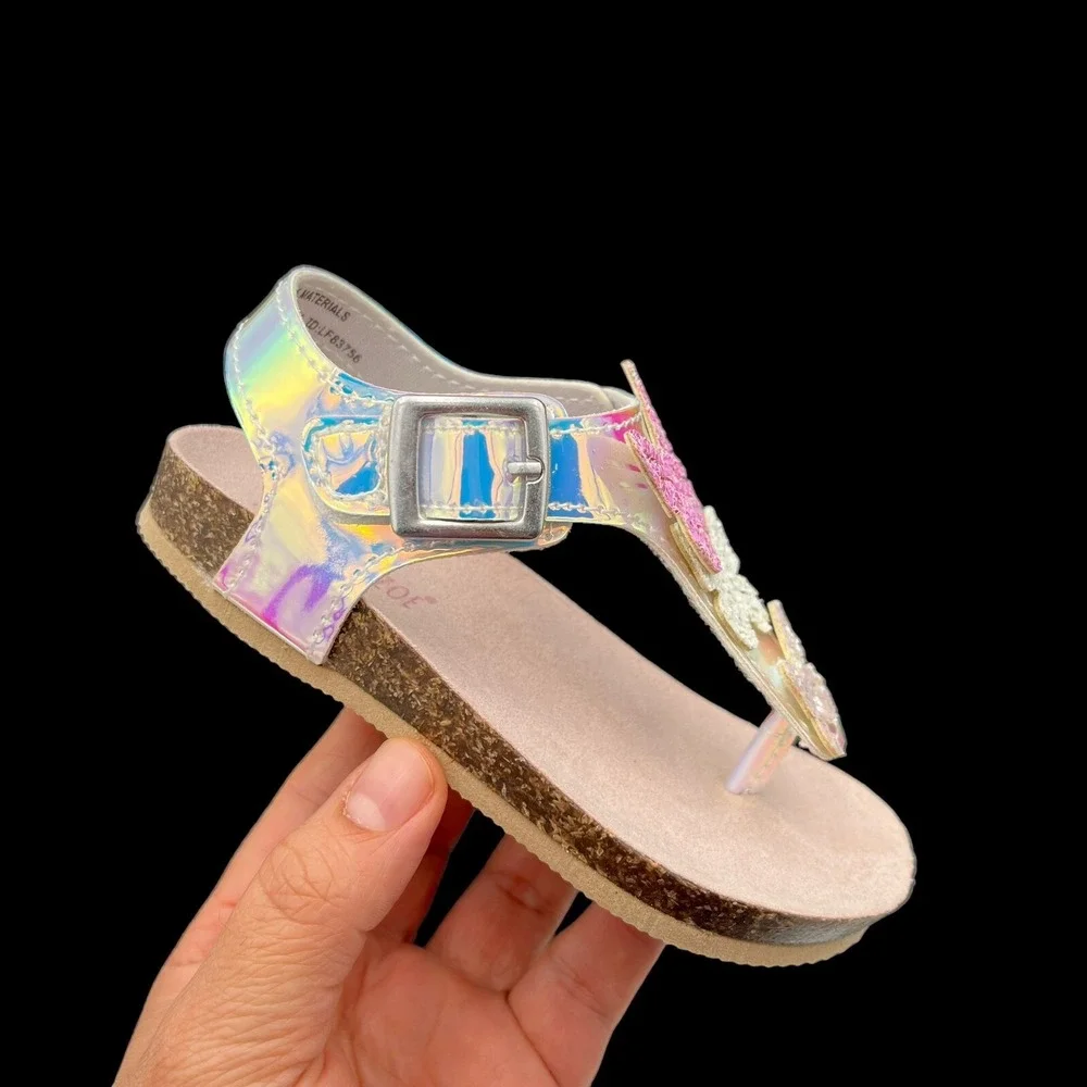Maggie & Zoe Toddler Girls Butterfly Thong Sandals Size 6 Silver-Tan Lightweight